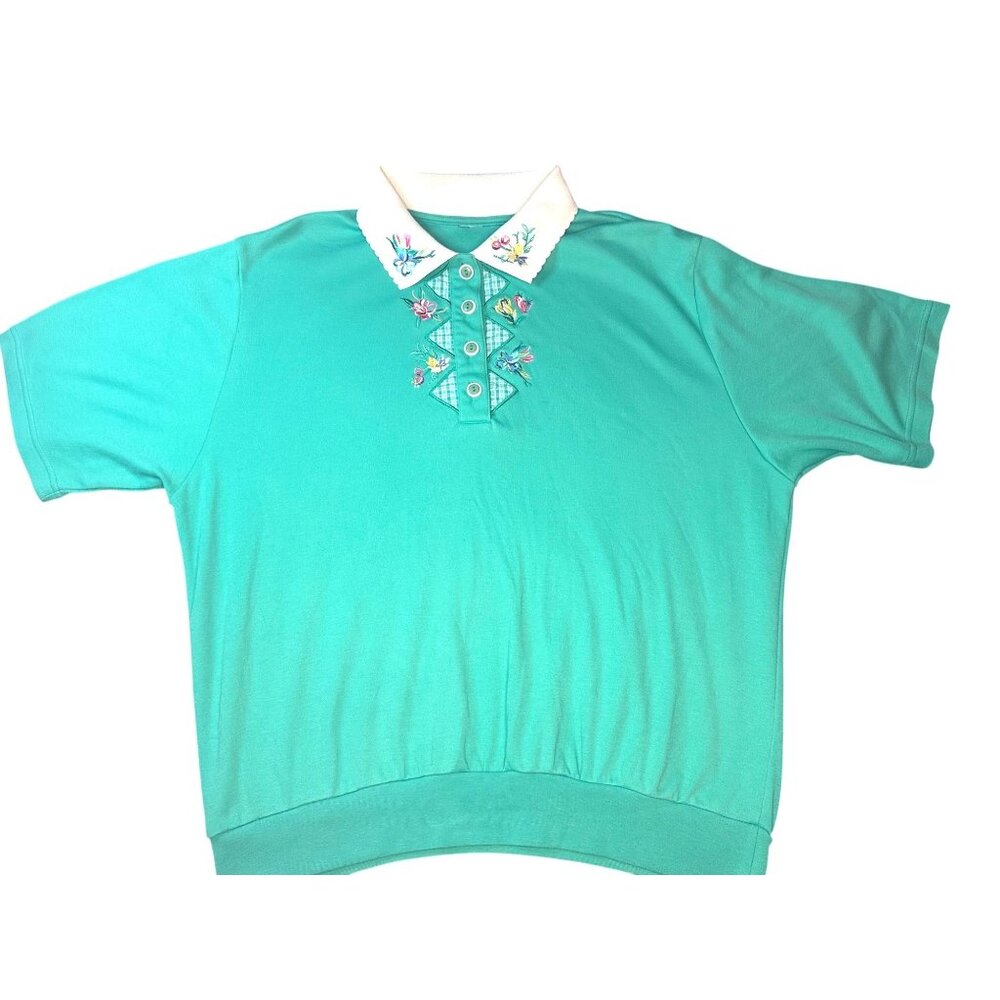 Vintage Womens Embroidered Floral Polo Shirt With White Collar & Button Accent S